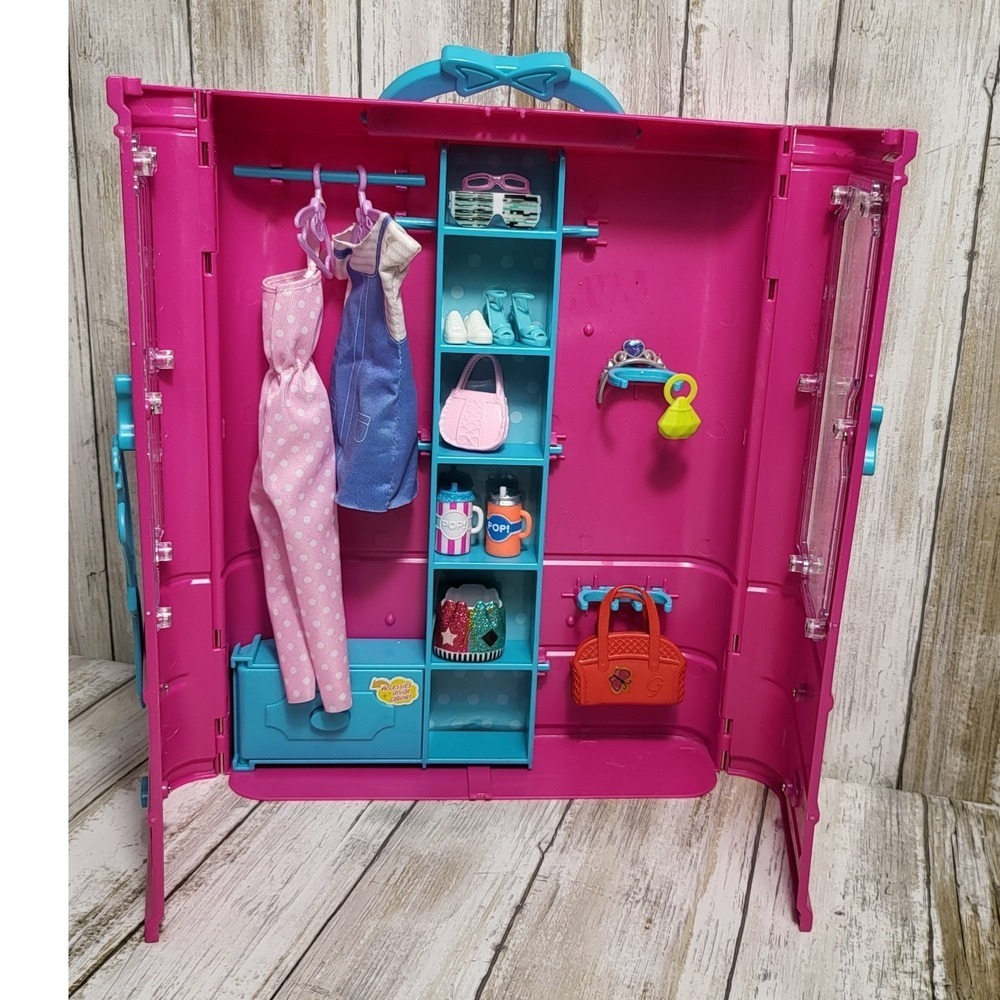American Plastic Toy Wardrobe Closet Pink Blue Doll Clothes Accessories Storage - Picture 3 of 10